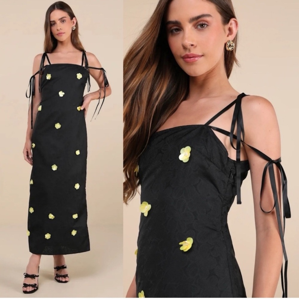 Sister Jane Black Jacquard and Yellow 3D Daisy Flower Tie-Strap Midi Dress - Picture 3 of 4